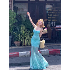 批发原版做法可拆卸胸垫性感显瘦<b class='q'>沙滩</b>法式绿色印花网纱海边度假连衣裙