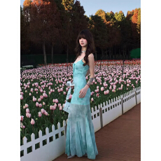 批发原版做法可拆卸胸垫蕾丝拼接吊带连衣裙修身鱼尾收腰网纱裙子<b class='q'>长裙</b>