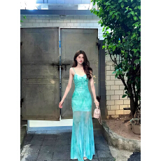 批发原版做法可拆卸胸垫修身鱼尾收腰网纱裙子<b class='q'>长裙</b>蕾丝拼接吊带连衣裙