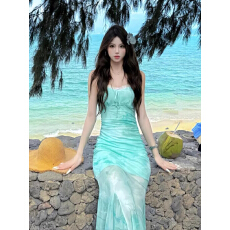 批发原版做法可拆卸胸垫浅绿蝴蝶印花网纱吊带连衣裙纯欲鱼尾包臀<b class='q'>长裙</b>