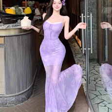 批发原版做法可拆卸胸垫紫色蝴蝶连衣裙<b class='q'>沙滩</b>度假风法式收腰包臀鱼尾裙