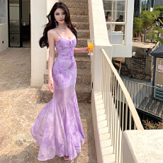 批发原版做法可拆卸胸垫2025新款蕾丝紫色吊带连衣裙网纱修身鱼尾<b class='q'>长裙</b>