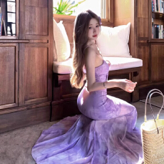 批发原版做法可拆卸胸垫网纱修身鱼尾<b class='q'>长裙</b>新款蕾丝拼接紫色吊带连衣裙