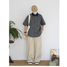 批发<b class='q'>日系</b><b class='q'>复古</b>简约撞色翻领短袖衬衫男女夏季2025新款宽松休闲工装衬衣