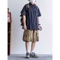 批发骑兵斜 】夏季<b class='q'>日系</b><b class='q'>复古</b>短袖衬衫CityBoy休闲五分袖工装衬衣外套男