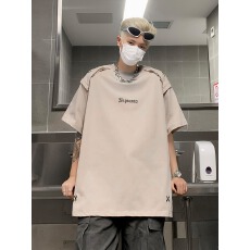 批发夏季美式复古短<b class='q'>袖</b>t恤男潮牌街头简约休闲宽松拼接圆领<b class='q'>半截</b><b class='q'>袖</b>上衣