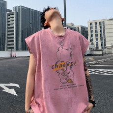 批发麂皮绒背心】卡通小熊背心男夏季色情侣砍肩运动<b class='q'>汗衫</b>复古无袖T恤
