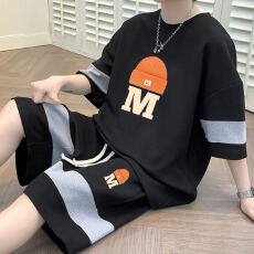 批发【套装】<b class='q'>夏</b>季休闲套装男休闲华夫格短袖t恤宽松运动五分短裤肥佬
