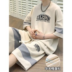 批发【套装】华夫格套装男<b class='q'>夏</b>季新款青少年学生短袖短裤高街潮牌休闲