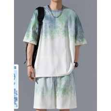 批发【冰丝包边套装】扎染速干短袖短裤套装男<b class='q'>夏</b>季青少年休闲两件一套