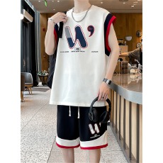 批发套装 】青少年休闲运动套装男生<b class='q'>夏</b>季华夫格无袖T恤宽松背心五分裤