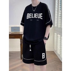 批发套装】<b class='q'>夏</b>季字母印花短袖t恤套装男青少年半袖短裤潮两件套