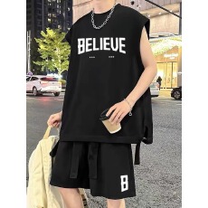 批发【套装】<b class='q'>夏</b>季男背心体恤抽绳五分短裤简约字母印花休闲运动两件套