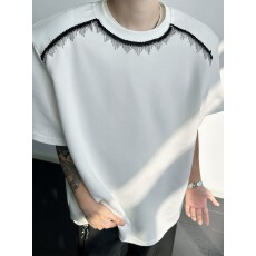 批发小众设计感垫肩短<b class='q'>袖</b>T恤男女廓形<b class='q'>半截</b><b class='q'>袖</b>美式cleanfit体恤上衣圆领