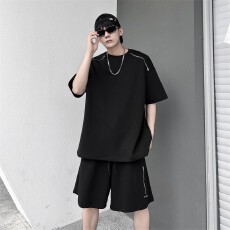 批发【 华棉套装夏季休闲套装男痞帅双拉链设计感宽松短袖短裤两件套