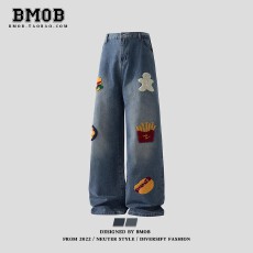 批发美式小众汉堡牛仔裤男女高街痞帅宽松高级感毛巾绣<b class='q'>嘻哈</b>长裤子