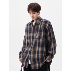 批发<b class='q'>日系</b><b class='q'>复古</b>格子衬衫男春季新款高街百搭工装衬衣潮牌宽松翻领外套潮