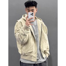 批发卡其色短款外套男春秋季美式复古工装连帽棒球服高级感哈灵顿夹克