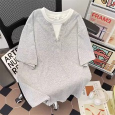 批发索罗娜70%棉】V领假两件短袖<b class='q'>t</b><b class='q'>恤</b><b class='q'>男生</b>夏季ins宽松上衣半袖体恤圆领