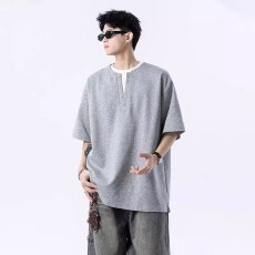 批发【索罗娜70%棉】领口<b class='q'>t</b><b class='q'>恤</b>小夏季假两件短袖<b class='q'>男生</b>百搭新款体恤五分袖