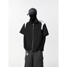 批发【折皱面料】cleanfit拼接垫肩短袖衬衫男夏季冰丝褶皱短款薄外套