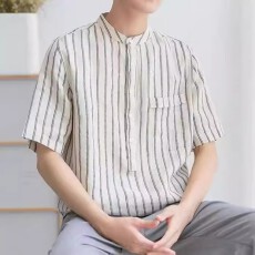 批发【棉麻】<b class='q'>男士</b>日系亚麻<b class='q'>衬衫</b>男<b class='q'>短袖</b>宽松百搭竖条纹<b class='q'>衬衣</b>潮