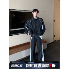 批发反光夹克  裤子外套 套装】春立领夹克外套装直筒休闲长裤两件套