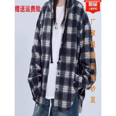 批发港味格子连帽衬衫外套男女宽松懒风中长款休闲上衣