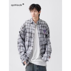 批发美式潮牌刺绣格子长袖衬衫男秋季薄款宽松高街慵懒风情侣衬衣外套