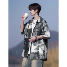 批发【四面弹衬衫】短袖衬衫男款<b class='q'>夏</b>季痞帅男生宽松休闲翻领衬衣外套