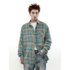 批发美式复古格子长袖衬衫男高级感春秋款情侣痞帅衬衣外套潮