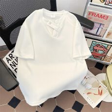 批发人棉空气层280克】纽扣v领短<b class='q'>袖</b>男夏高级感痞帅t恤宽松休闲<b class='q'>半截</b><b class='q'>袖</b>