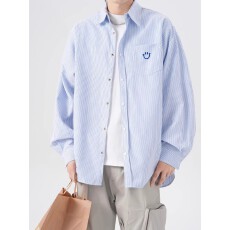 批发美式条纹长袖衬衫男<b class='q'>夏</b>季潮牌宽松外套高街笑脸刺绣情侣学院风衬衣
