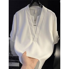 批发假两件双v领冰丝短袖衬衫男款<b class='q'>夏</b>季轻熟风高级感宽松休闲半袖衬衣
