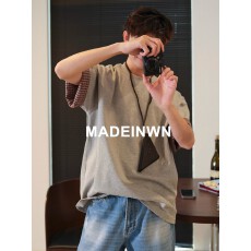 批发格子翻边设计短袖tee男女同款春<b class='q'>夏</b>文艺时尚休闲T恤上衣