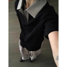 批发千鸟格拼接短袖polo衫男款<b class='q'>夏</b>季美式高街翻领t恤cleanfit正肩半袖