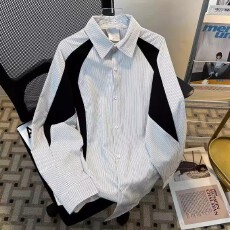 批发【拼接衬衫】<b class='q'>夏</b>季长袖衬衫男撞色条纹衬衣宽松美式痞帅设计感外套