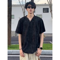 批发黑色肌理感扎染v领短<b class='q'>袖</b>男夏季潮牌重磅正肩冰丝t恤cleanfit<b class='q'>半截</b><b class='q'>袖</b>