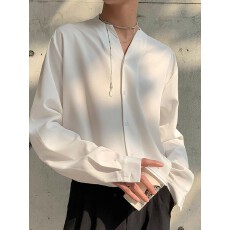 批发无领衬衫男设计感小众长袖痞帅衬衣高级感炸街男装春秋