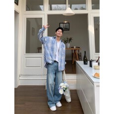 批发美式潮牌春季休闲慵懒长袖情侣衬衫男女复古撞色格子宽松衬衣