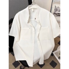 批发新中式垂感冰丝立领衬衫男士短袖<b class='q'>夏</b>季工装纯色衬衣凉感半袖休闲潮