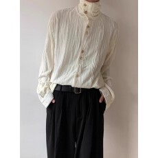 批发提花褶皱高领衬衫】春秋打底肌理感长袖立领衬衫男女法式翻领衬衣
