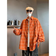 批发复古格纹设计感长袖衬衫男女小众宽松休闲口袋设计感橘色衬衣外套
