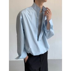 批发假两件衬衫】立领长袖衬衫男春秋纯色高级感垂感套头衬衣上衣小众