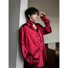 批发缎面衬衫 垫肩加长带】红色新中式男装飘带醋酸衬衣垂感垫肩内搭