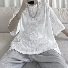 批发冰丝五分袖】肌理感廓形短袖男款<b class='q'>夏</b>季炸街t恤小领口正肩重磅衣服