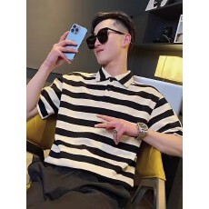 批发条纹针织polo衫男短袖<b class='q'>夏</b>季薄款轻奢翻领t恤透气休闲半袖体恤