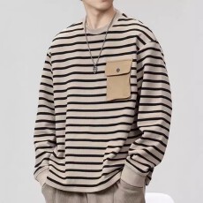 批发条纹<b class='q'>日系</b>大码圆领打底衫男士T恤宽松春秋季长袖潮牌潮牌<b class='q'>复古</b>新款