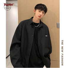 批发纯色长袖衬衫男春秋港风潮牌翻领衬衣日系高级感宽松大码夹克外套