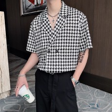 批发千格鸟西装款<b class='q'>衬衫</b>】男短袖夏季高级感潮千鸟格设计感小众痞帅<b class='q'>衬衣</b>